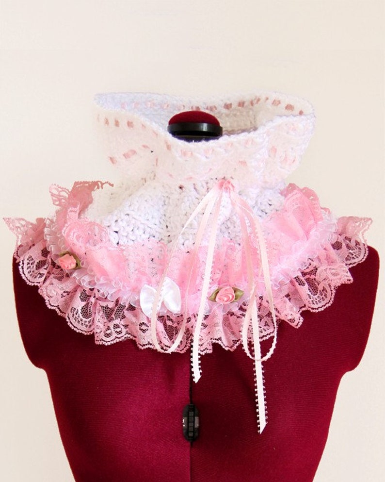 Cowl Neck Warmer Victorian Style Fashion Collar in White with Pink Lace Lots of Colors image 1