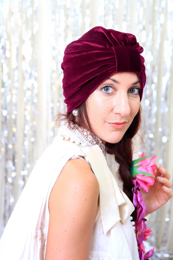 Burgundy Maroon Velvet & Jersey Turban Headband Turban Headband - Hair Warp in Burgundy Jersey Knit - Boho  main image 3