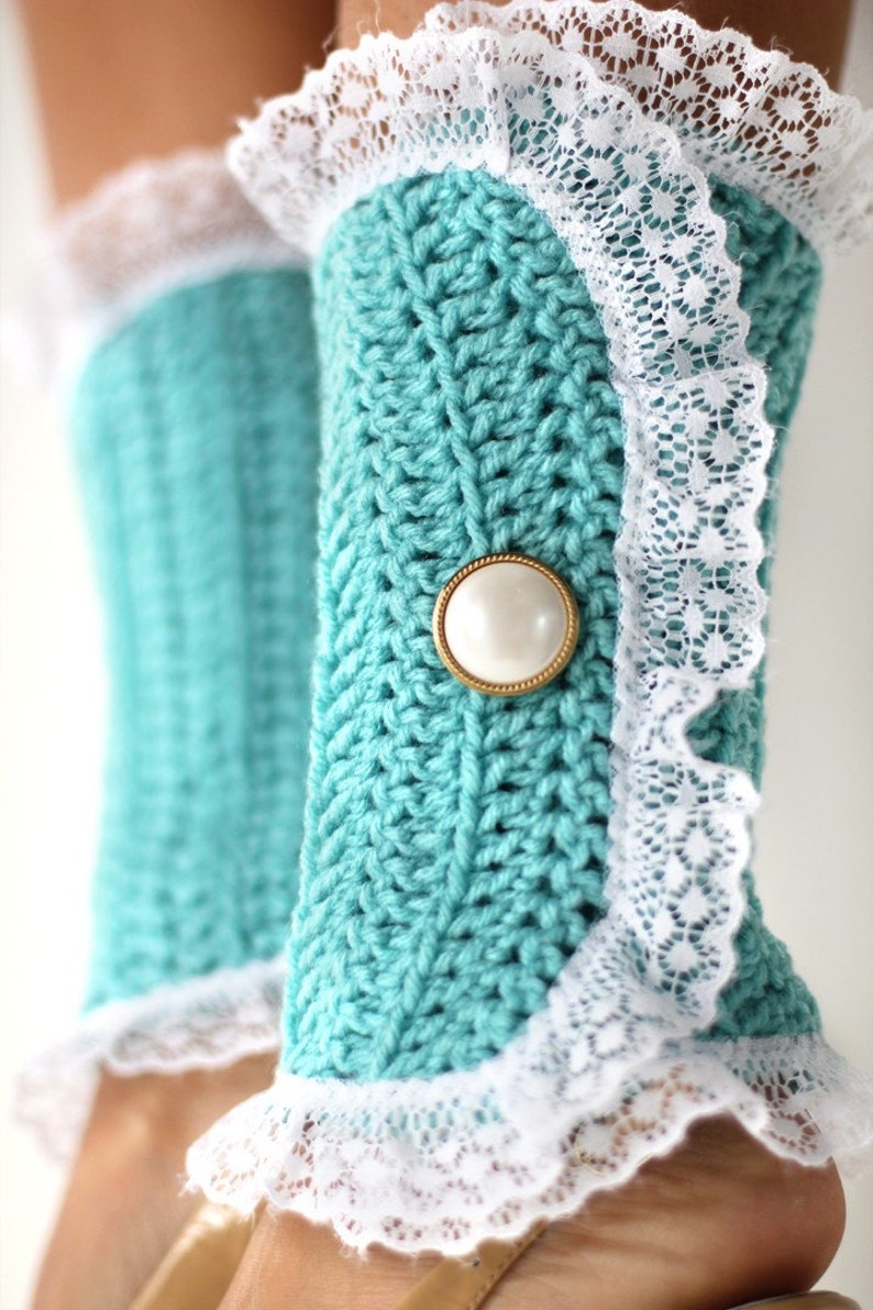 Lots of Colors Victorian Style Leg Warmers Steampunk Accessories Crochet and Lace Spats in Aqua