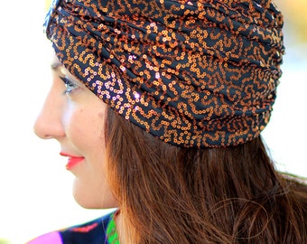 Copper and Black Sequin Turban by Mademoiselle Mermaid