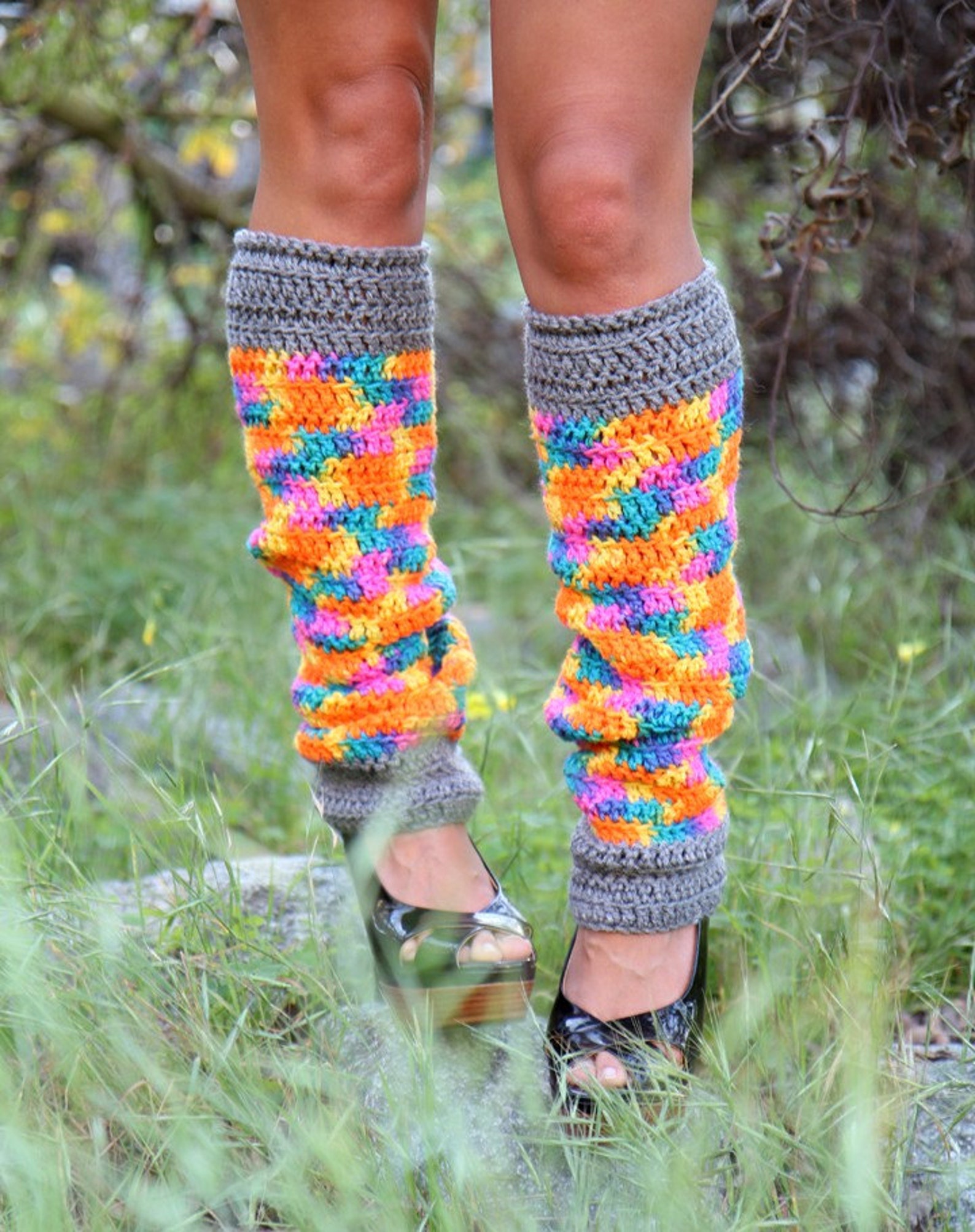 Crochet Leg Warmers in Neon Rainbow Print - Etsy