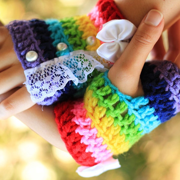 Rainbow Fingerless Gloves - Kawaii Fashion Accessories - with Lace and Pearls