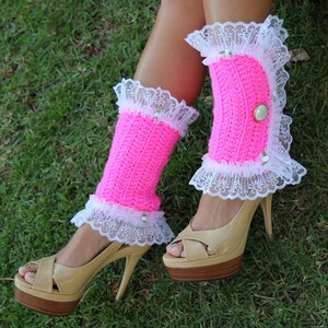 Victorian Style Leg Warmers Crochet and Lace Spats in Hot Pink Kawaii Fashion Accessories Lots of Colors image 2