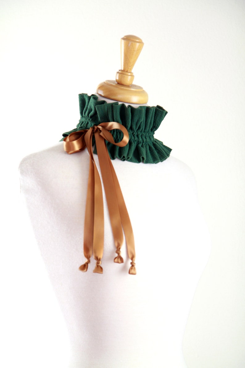 Victorian Wood Nymph Choker Collar Hunter Green Neck Ruff with Chestnut Satin Ties Cottagecore and Fairycore Fashion Accessories image 2