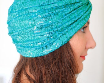 Aquamarine Sequin Turban - Women's Full Turban Hat or Hair Wrap with Sequins - Aqua Blue - Lots of Colors