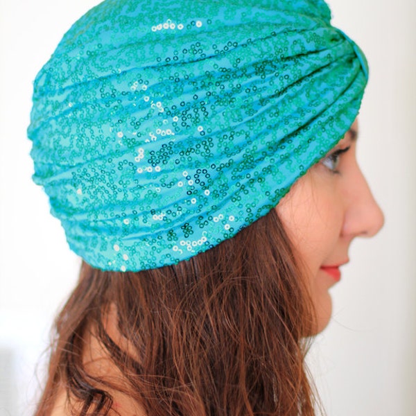 Aquamarine Sequin Turban - Women's Full Turban Hat or Hair Wrap with Sequins - Aqua Blue - Lots of Colors