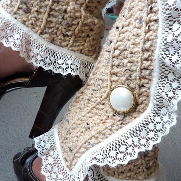 Victorian Style Leg Warmers - Crochet and Lace Spats in Tan - Steampunk Accessories - Lots of Colors