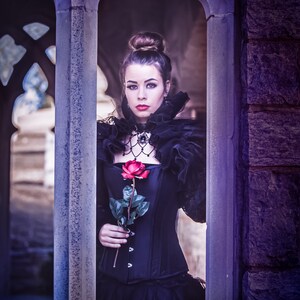 May include: A woman in a black gothic dress with a lace collar and a red rose stands in a doorway. She is looking directly at the camera.