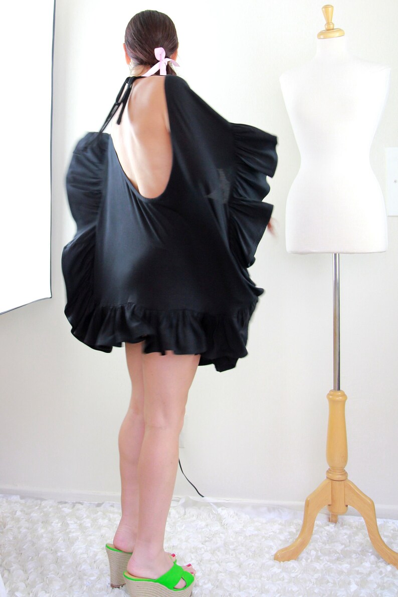 Black Beach Cover Up with Open Back Jersey Knit Beach Poncho Beach Dress with Ruffles and Low Back Lots of Colors image 4