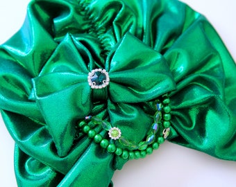 St. Patrick's Day Turban - Kelly Green Women's Headpiece with Jewels and Beads - Metallic Turban Headwrap