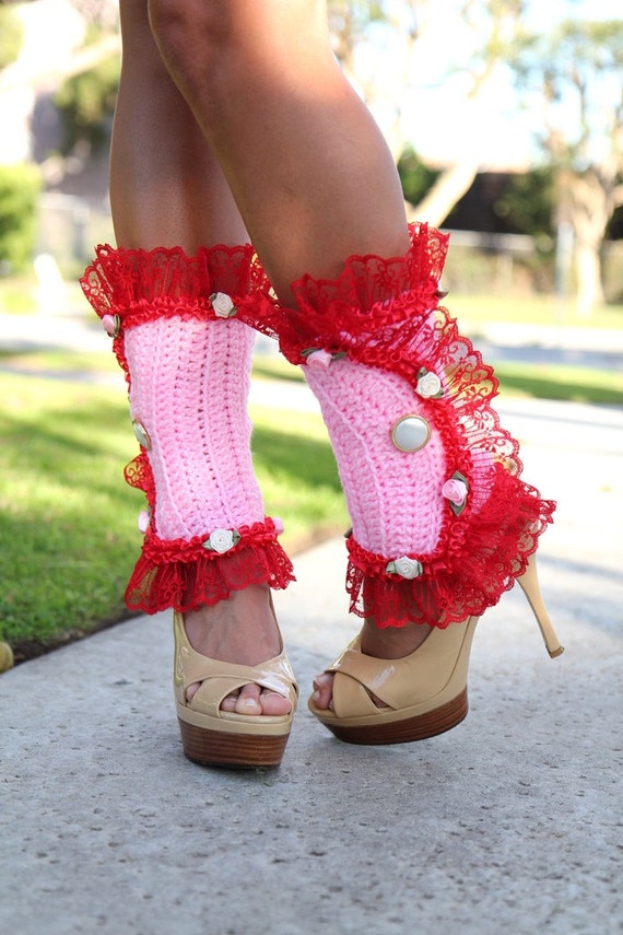 Victorian Style Leg Warmers Crochet and Lace Spats in Hot Pink Kawaii  Fashion Accessories Lots of Colors 