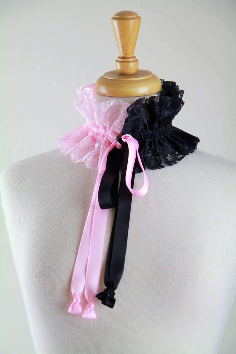 Pink and Black Choker Collar Victorian Style Neck Ruff with Satin Ties Gothic, Burlesque, Steampunk, Cosplay Costume Collars image 9