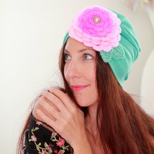 Turban with Flower Mint Green Cotton Head Wrap with Hot Pink and Baby Pink Crochet Rosette and Pearl Jewel Jeweled Turbans image 3