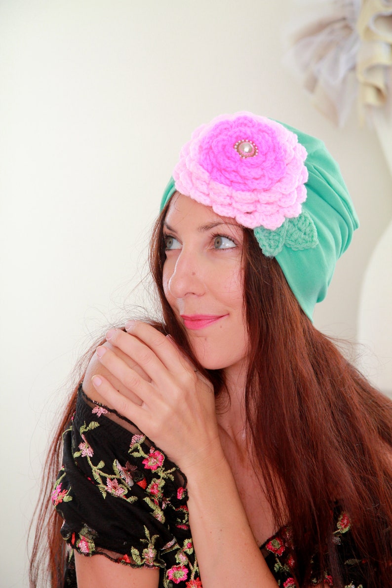 Turban with Flower Mint Green Cotton Head Wrap with Hot Pink and Baby Pink Crochet Rosette and Pearl Jewel Jeweled Turbans image 3