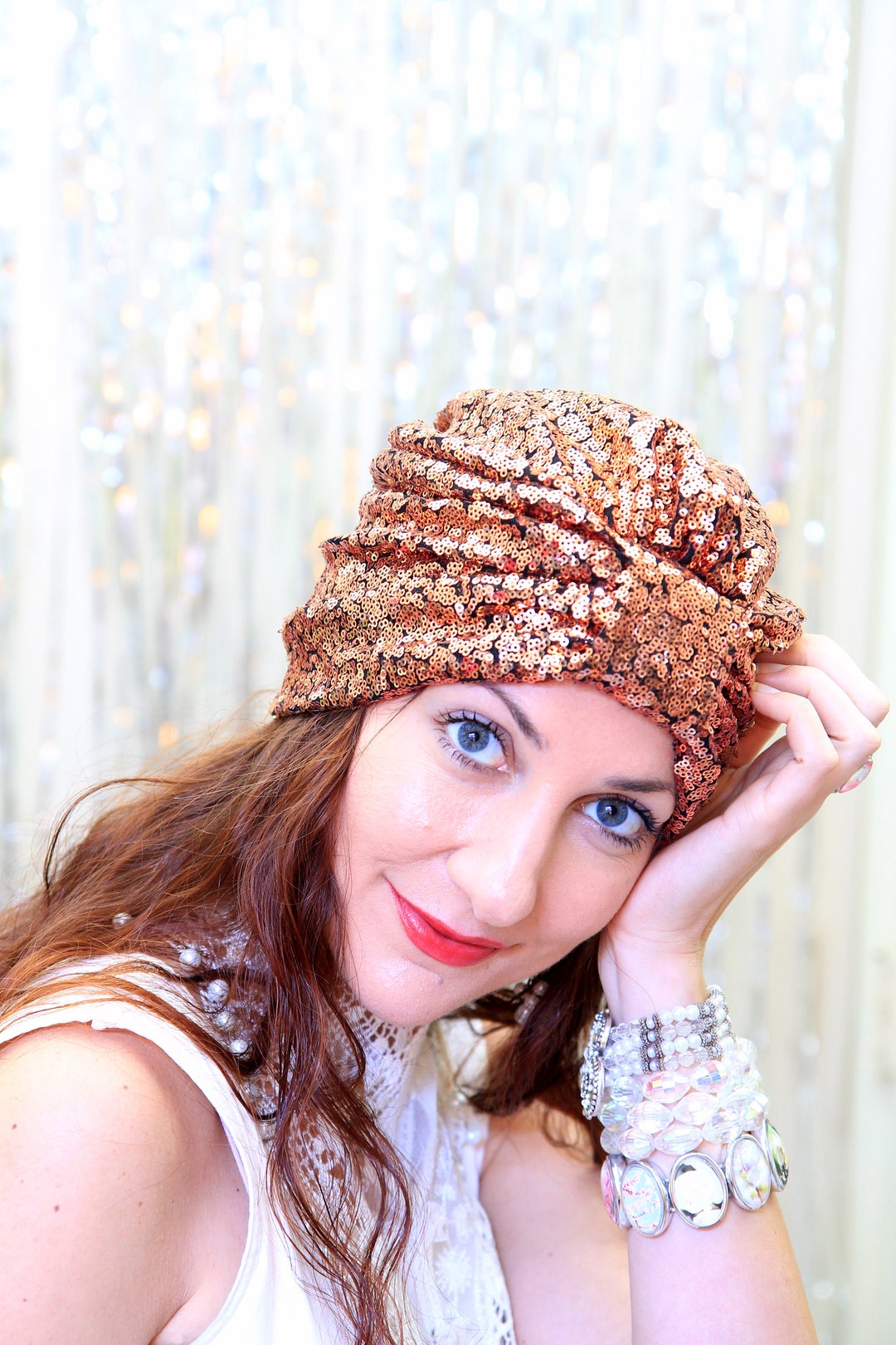 Sequin Turban Hat in Copper Women's Hair Turbans Mardi Gras Fashion