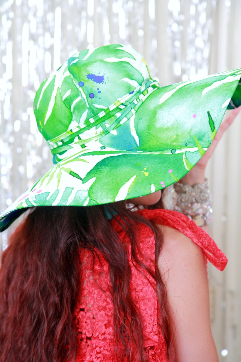 Palm Frond Print Hat Wide Brim Hat in Tropical Leaves Print Floppy Beach Hat Women's Wide Brimmed Sun Hats image 7