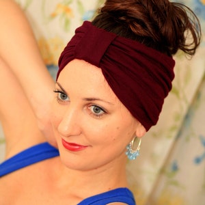 Turban Headband - Hair Warp in Burgundy Jersey Knit - Boho Style Wide Headbands - 24 Colors