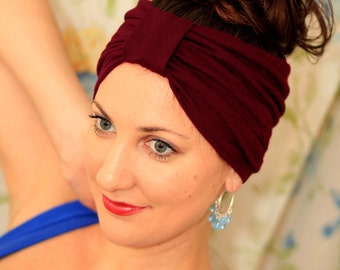 Turban Headband - Hair Warp in Burgundy Jersey Knit - Boho Style Wide Headbands - 24 Colors