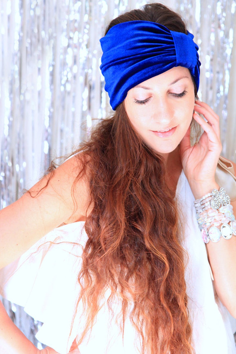 Velvet Turban Headband in Royal Blue Women's Bohemian Style Wide Headbands Optional Rhinestone Jewel image 1