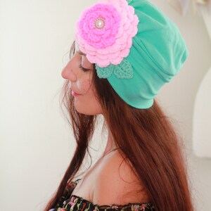 Turban with Flower Mint Green Cotton Head Wrap with Hot Pink and Baby Pink Crochet Rosette and Pearl Jewel Jeweled Turbans image 7