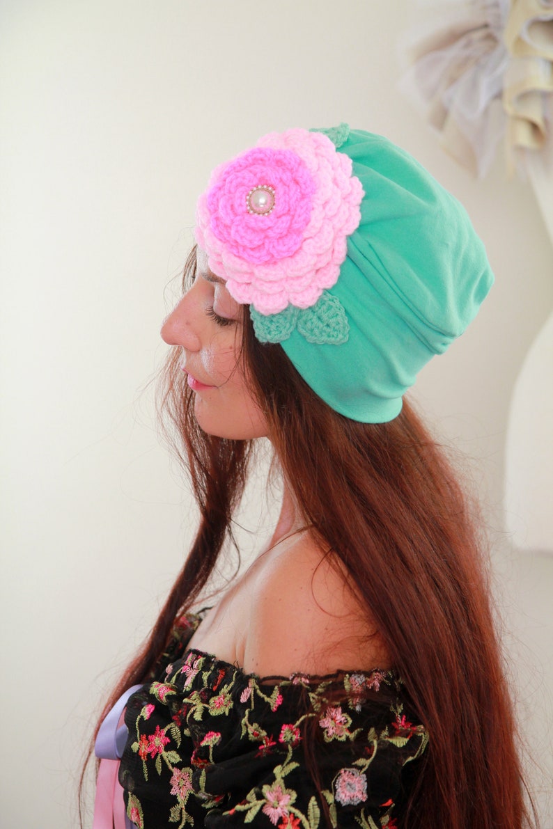 Turban with Flower Mint Green Cotton Head Wrap with Hot Pink and Baby Pink Crochet Rosette and Pearl Jewel Jeweled Turbans image 7