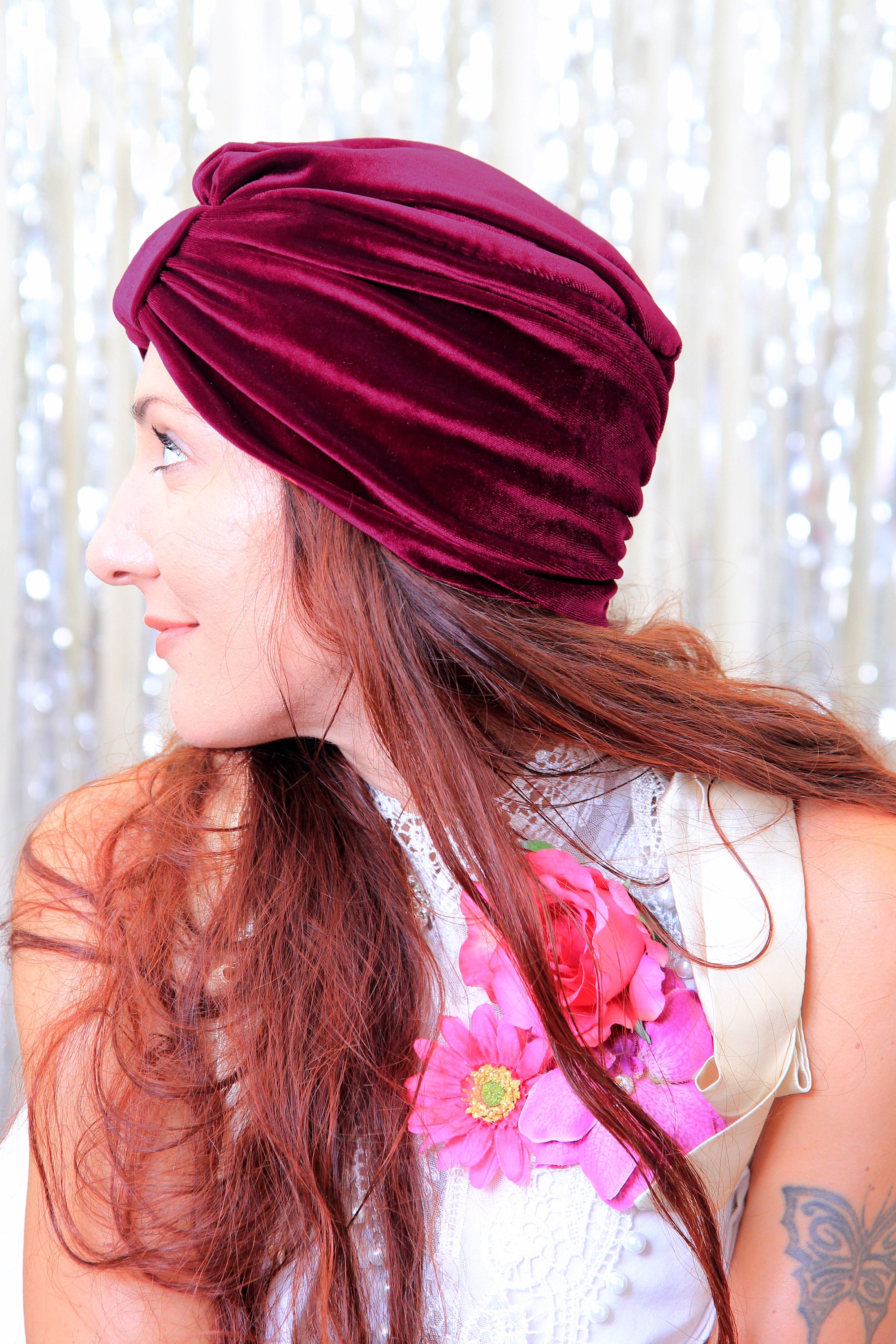 Velvet Burgundy Retro Hair Turban GENEMA Retro Velvet Turban Pre-Tied Bonnet Cancer Chemo Cap  main image 2