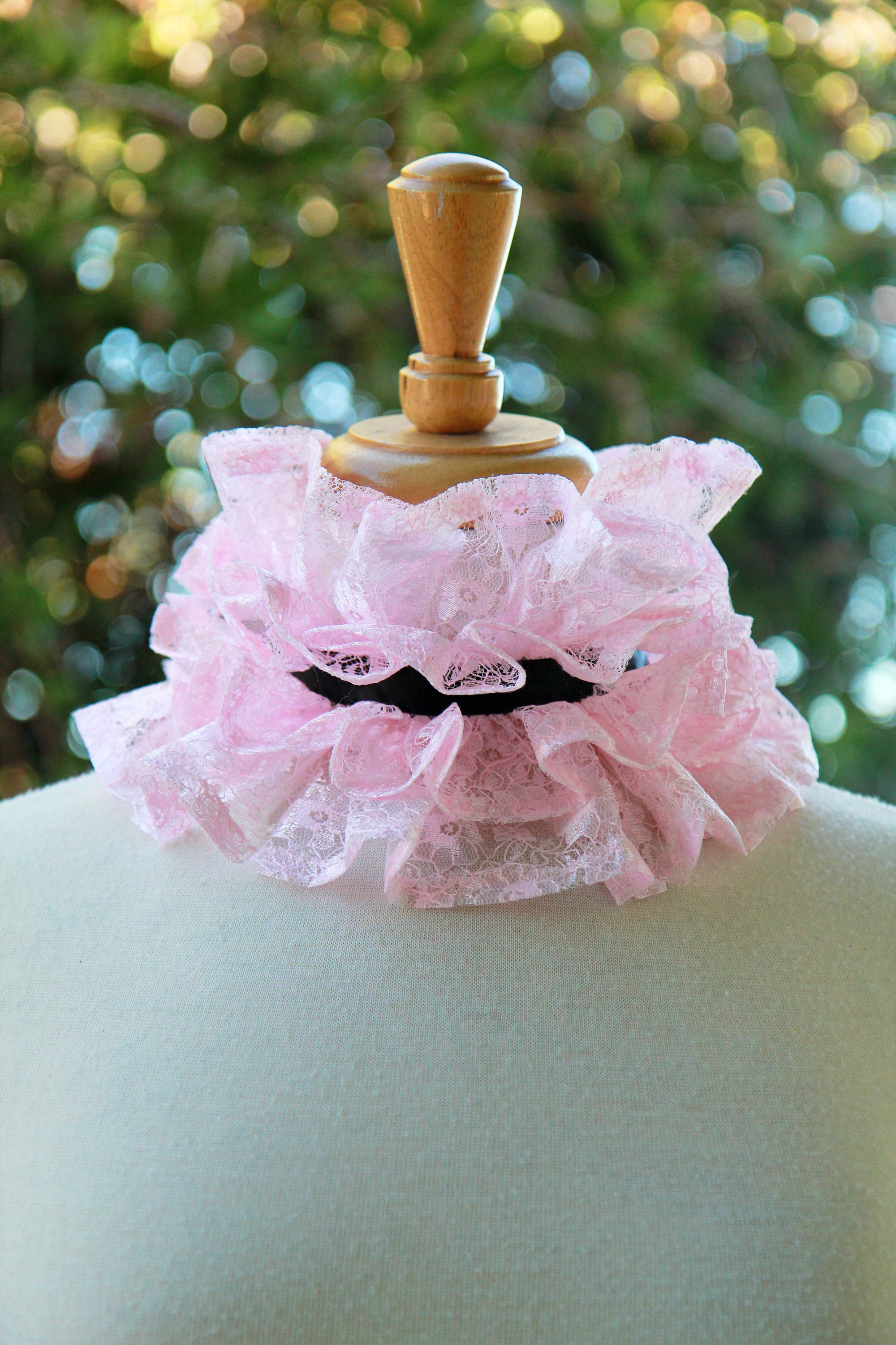 Pink Lace Neck Ruff With Black Ties - Cottagecore Statement Collar in ...