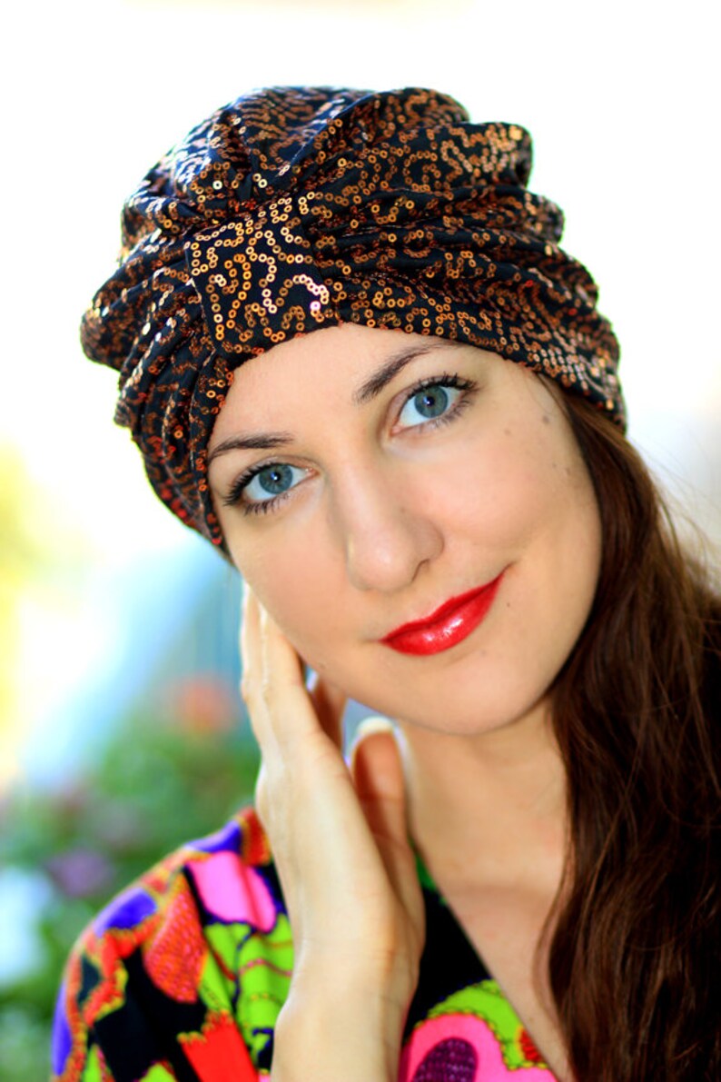 Copper and Black Sequin Turban by Mademoiselle Mermaid image 3