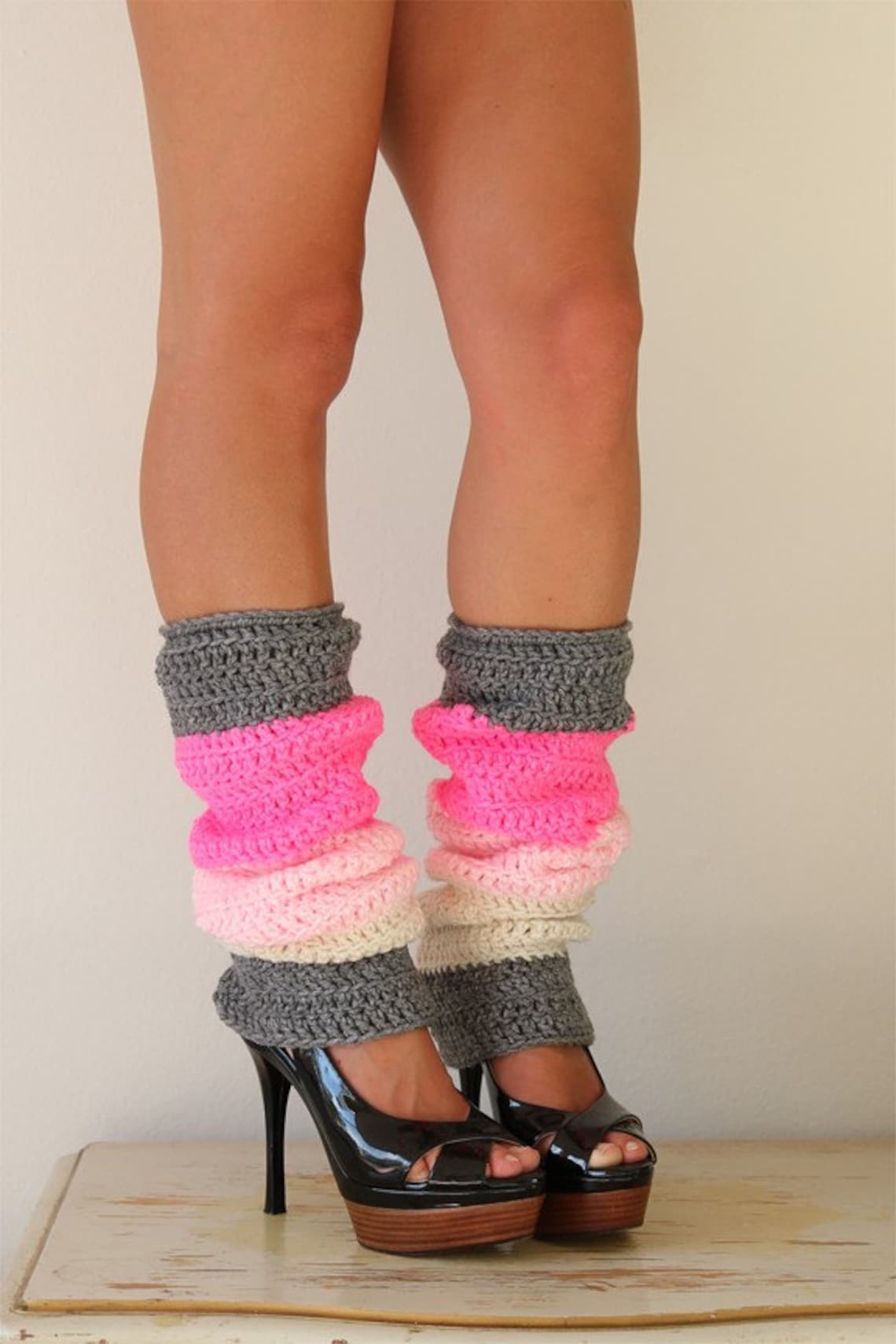 Color Block Leg Warmers Hot Pink Ivory Grey Etsy
