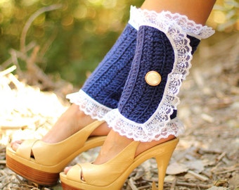 Victorian Style Leg Warmers - Crochet and Lace Spats in Navy - Steampunk Accessories - Lots of Colors