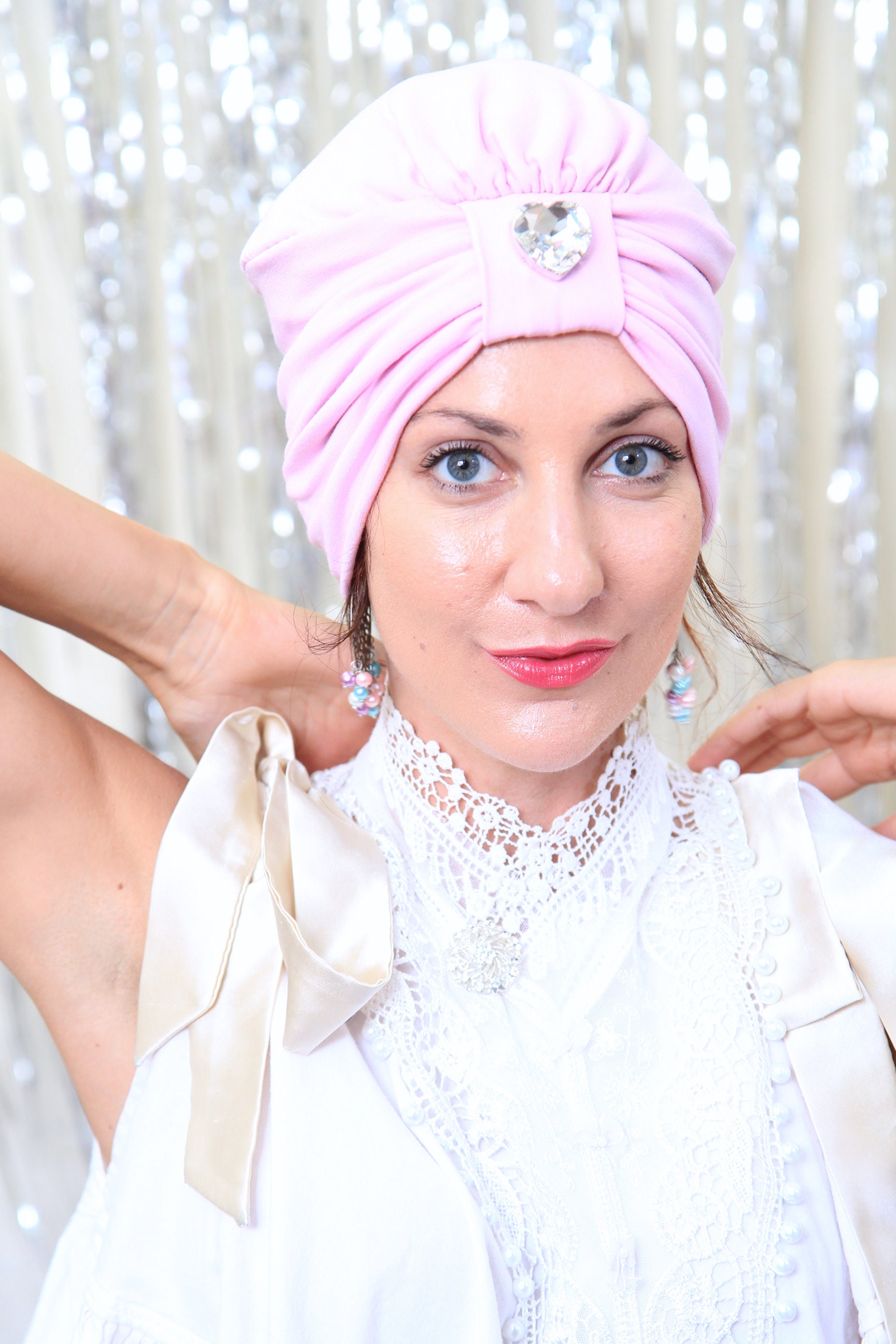 Pink Turban Head Wrap With Heart Rhinestone Jewel - Women