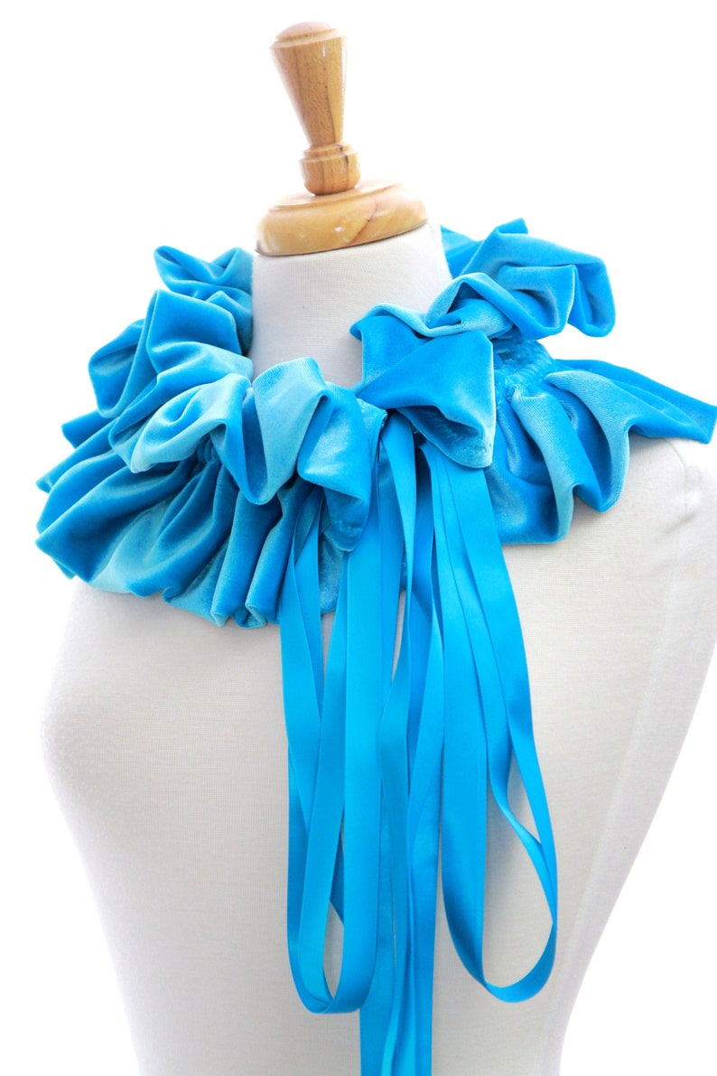 Collar with Ruffles Velvet Scarf in Turquoise Blue Women/'s Velvet Shrug or Neck Warmer Victorian Style Fashion Collar
