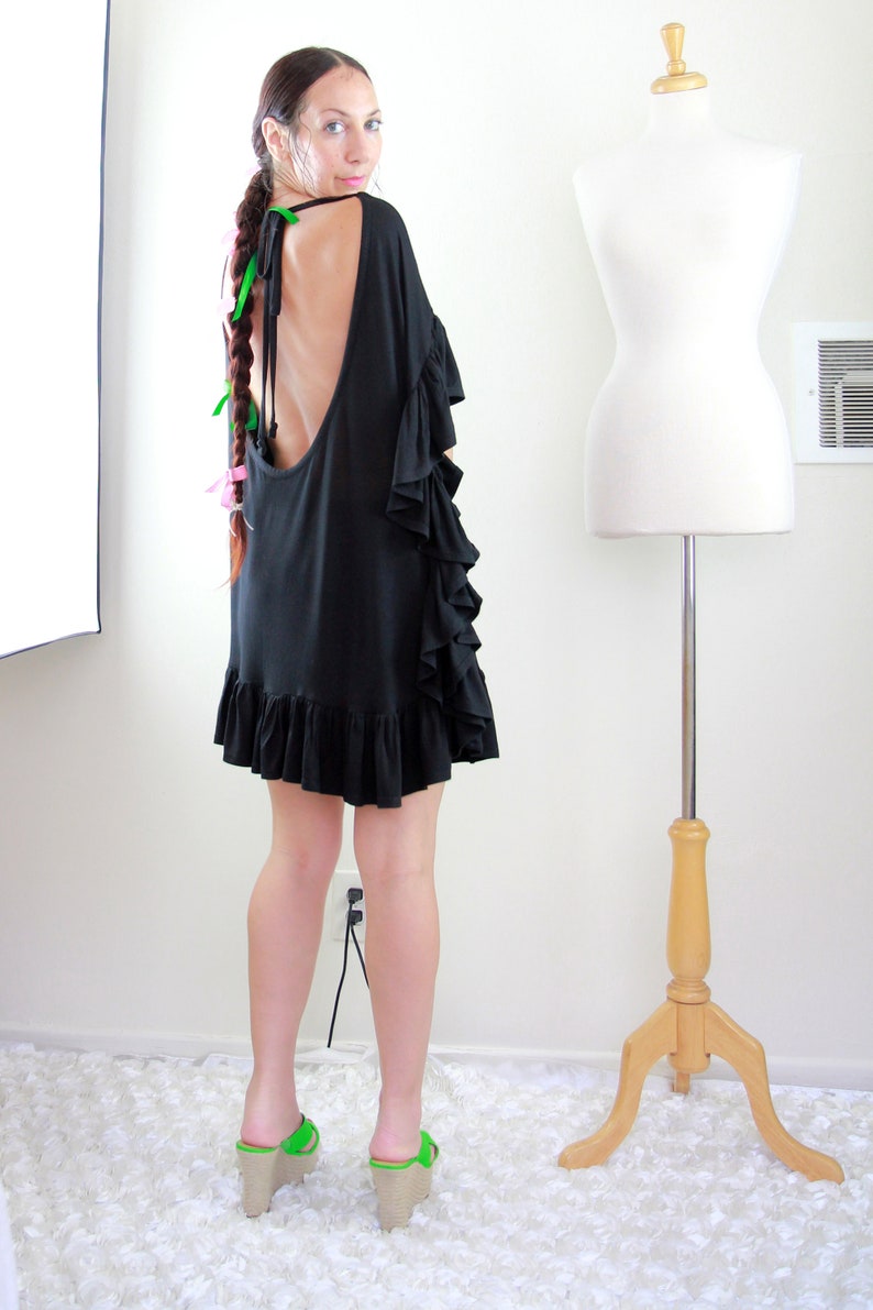 Black Beach Cover Up with Open Back Jersey Knit Beach Poncho Beach Dress with Ruffles and Low Back Lots of Colors image 3