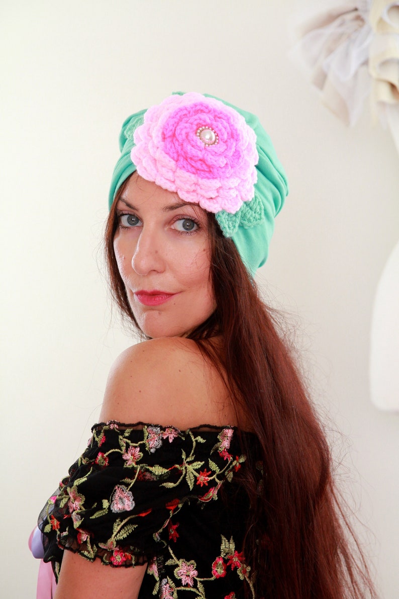 Turban with Flower Mint Green Cotton Head Wrap with Hot Pink and Baby Pink Crochet Rosette and Pearl Jewel Jeweled Turbans image 1