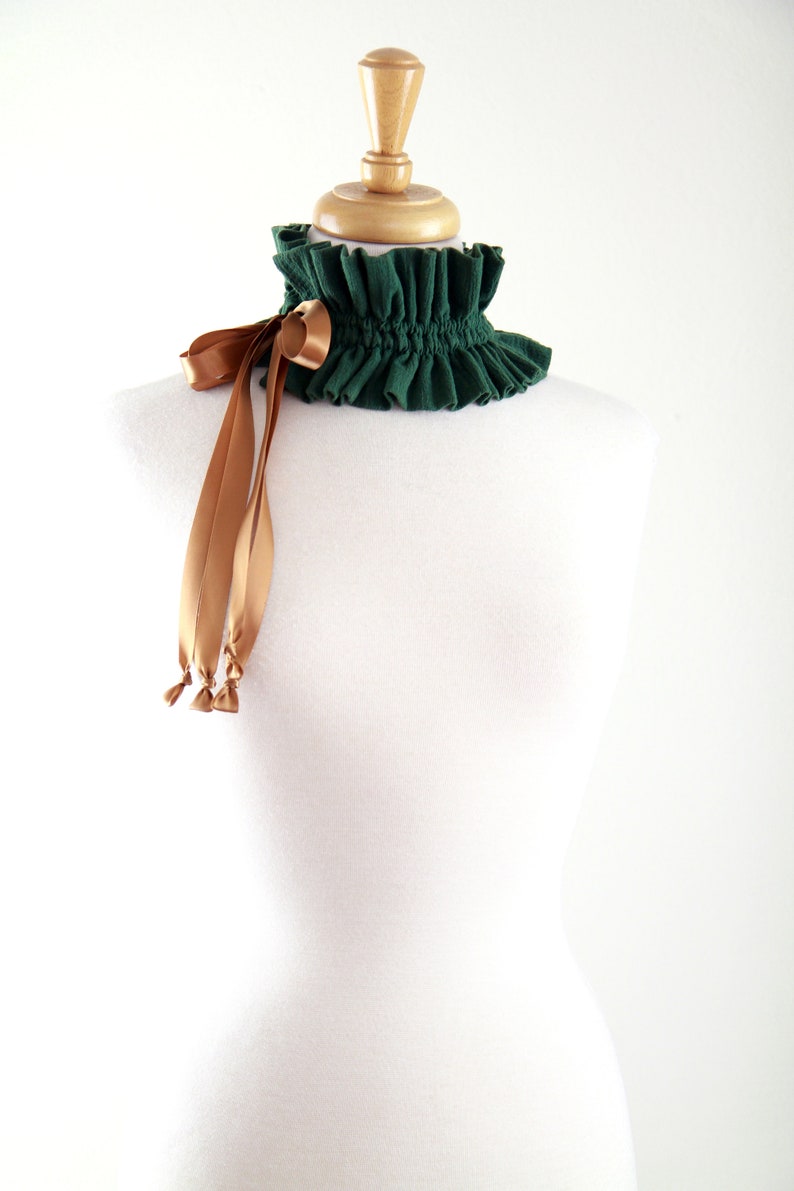 Victorian Wood Nymph Choker Collar Hunter Green Neck Ruff with Chestnut Satin Ties Cottagecore and Fairycore Fashion Accessories image 3