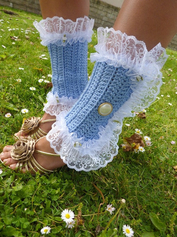 Victorian Style Leg Warmers - Crochet and Lace Spats in Cornflower