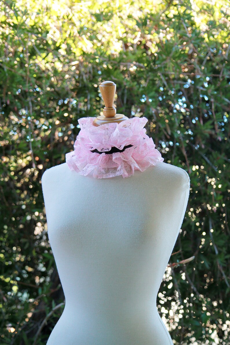 Pink Lace Neck Ruff With Black Ties - Cottagecore Statement Collar in ...
