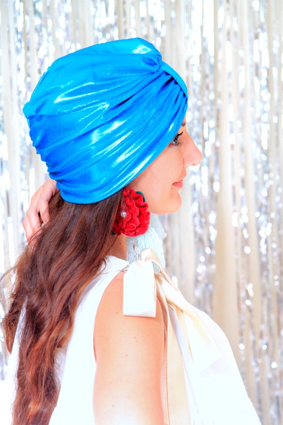 Turquoise Blue Pleated Turban Headwrap Women Statement Top Knot Fashion Hat Turquoise-Blue Sego Autogele Ready Gele Crown Hat “Nkenna  main image 3