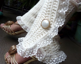 Victorian Style Leg Warmers - Crochet and Lace Spats in Soft White - Steampunk Accessories - Lots of Colors