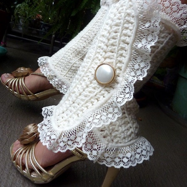 Victorian Style Leg Warmers - Crochet and Lace Spats in Soft White - Steampunk Accessories - Lots of Colors