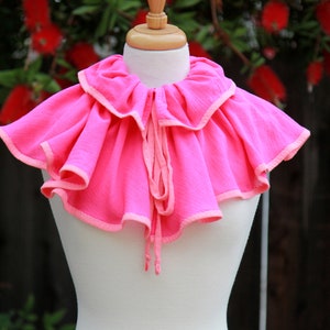 May include: A pink ruffled collar with a tie closure. The collar is displayed on a white mannequin against a blurred background of red flowers.