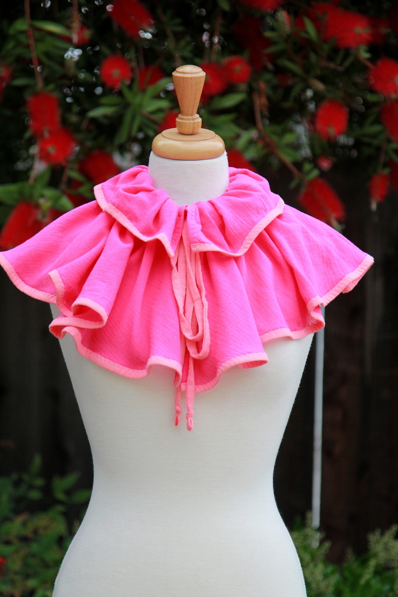 May include: A pink ruffled collar with a tie closure. The collar is displayed on a white mannequin against a blurred background of red flowers.