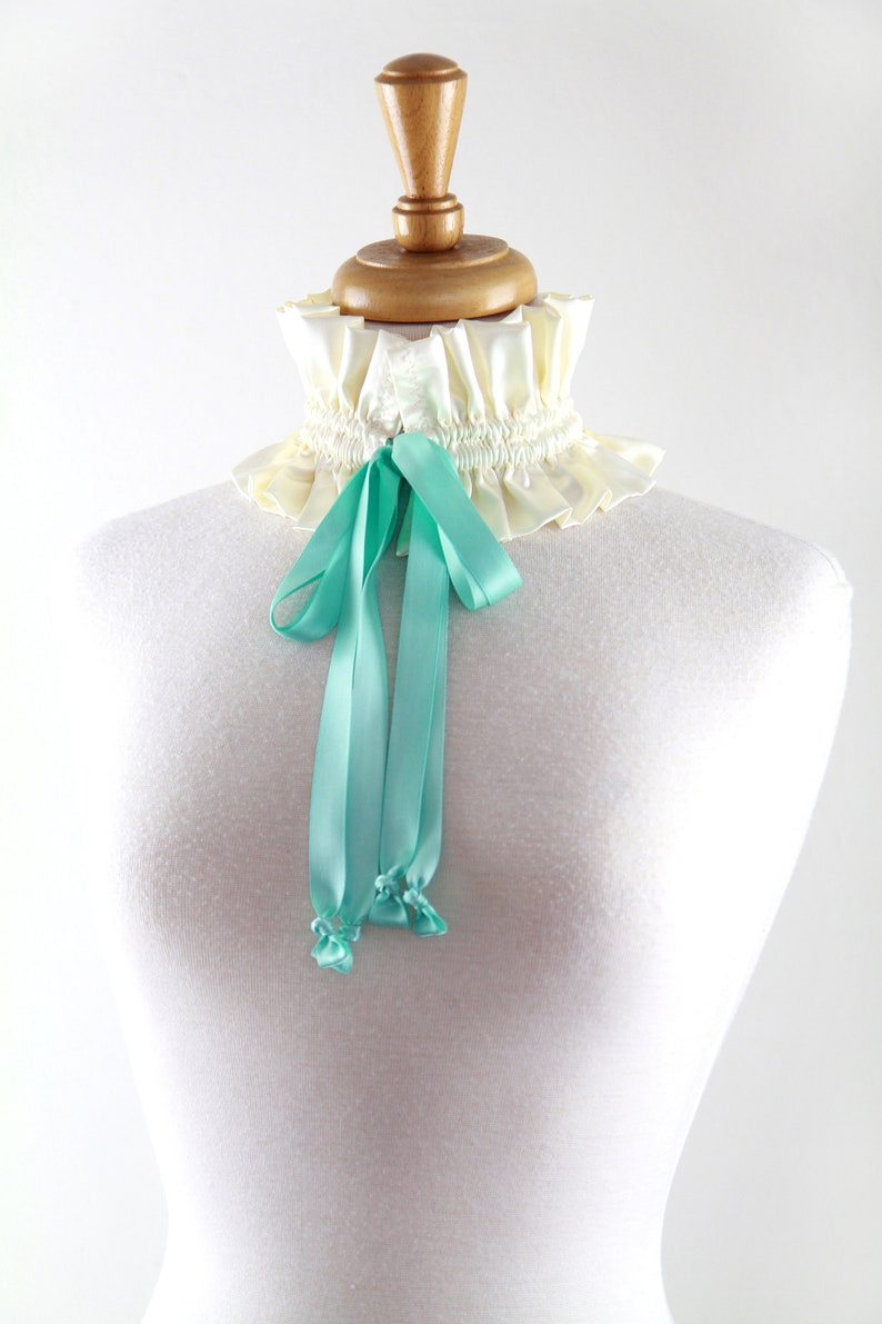 Victorian Collar in Ivory Satin Charmeuse with Aqua Ties Balletcore Choker Cottagecore Fashion Accessories Lots of Colors image 3