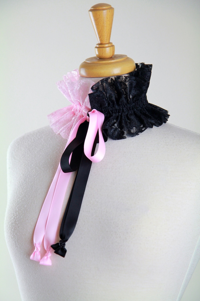 Pink and Black Choker Collar Victorian Style Neck Ruff with Satin Ties Gothic, Burlesque, Steampunk, Cosplay Costume Collars image 2