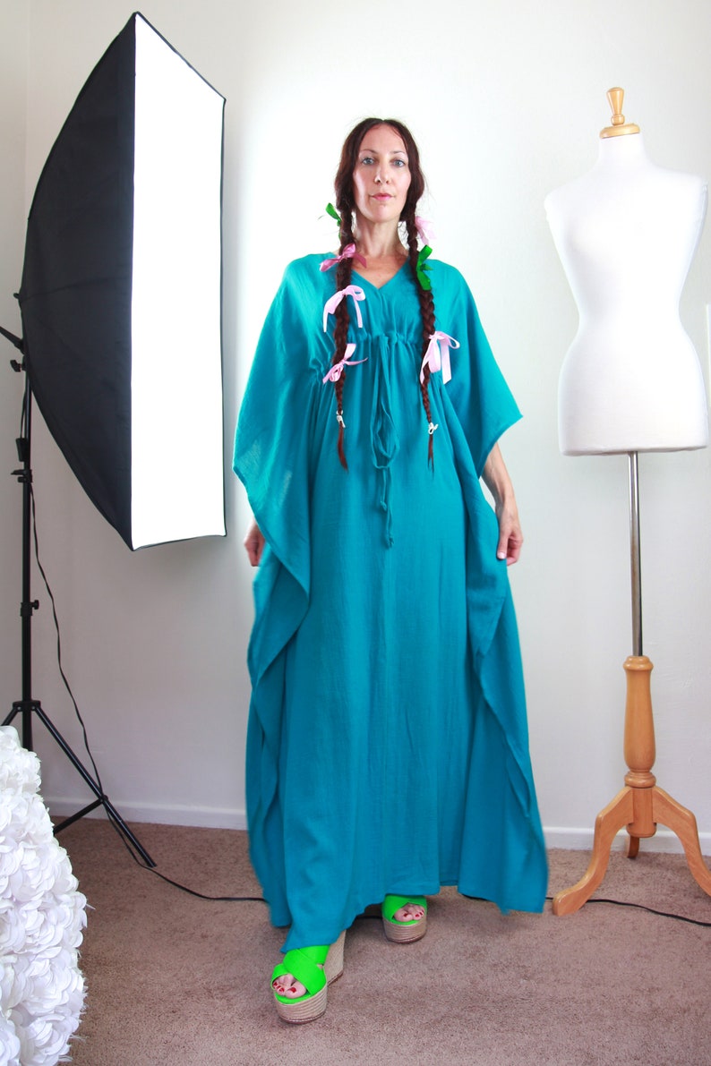 Teal Kaftan Maxi Dress Cotton Gauze Beach Cover Up Women's Maxi Caftan Dresses Lots of Colors image 3