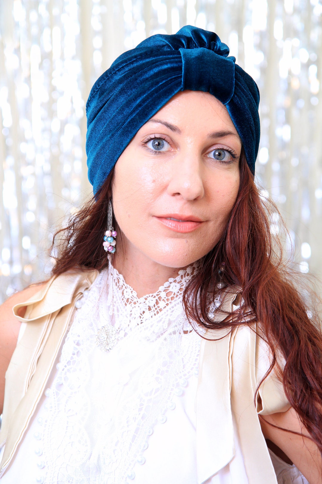 JDYaoYing Velvet Turban Head Wrap With Pearls - Floral Beanie Cap For Women, Navy Blue Hair Cover - View #9