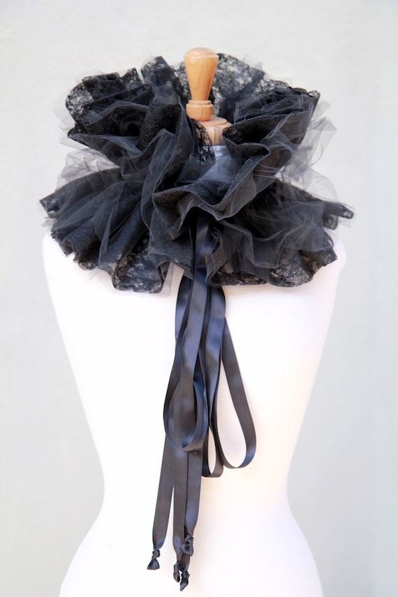 Black Lace Collar with Tulle - Gothic or Victorian Style Neckpiece - Steampunk Collars - Elizabethan Lace Ruff