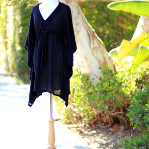 Mini Caftan Dress - Beach Cover Up Kaftan in Black Cotton Gauze - Lots of Colors