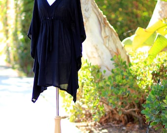 Mini Caftan Dress - Beach Cover Up Kaftan in Black Cotton Gauze - Lots of Colors