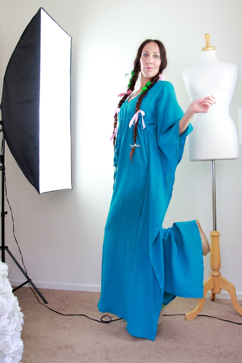 Teal Kaftan Maxi Dress Cotton Gauze Beach Cover Up Women's Maxi Caftan Dresses Lots of Colors image 5